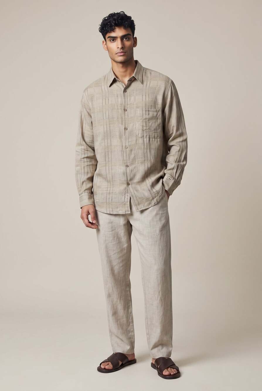 Mondo di Marco Firenze Men's Long Sleeve Plaid Linen Shirt Beige Size 52 L